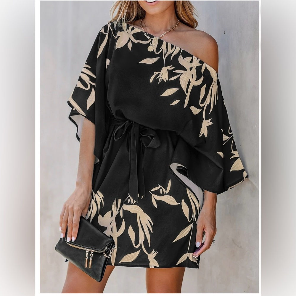 Cupshe One Shoulder Sundress Cover Up Floral with Dolman Sleeves Medium
